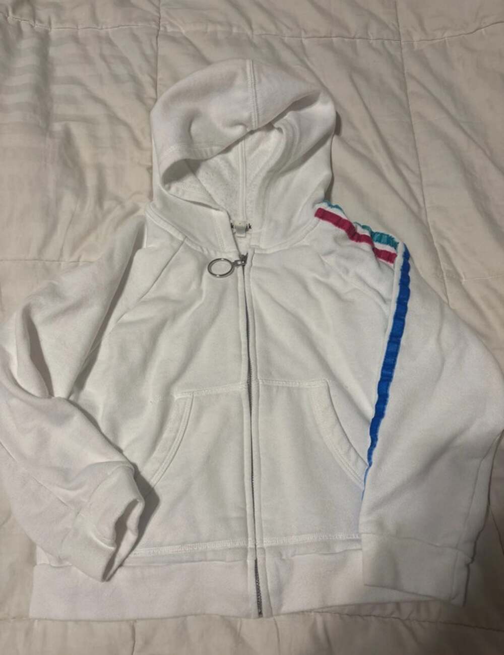 Kidpik Girls White Zip-Front Hoodie with O-Ring Zipper Pull and Stripe Sleeve